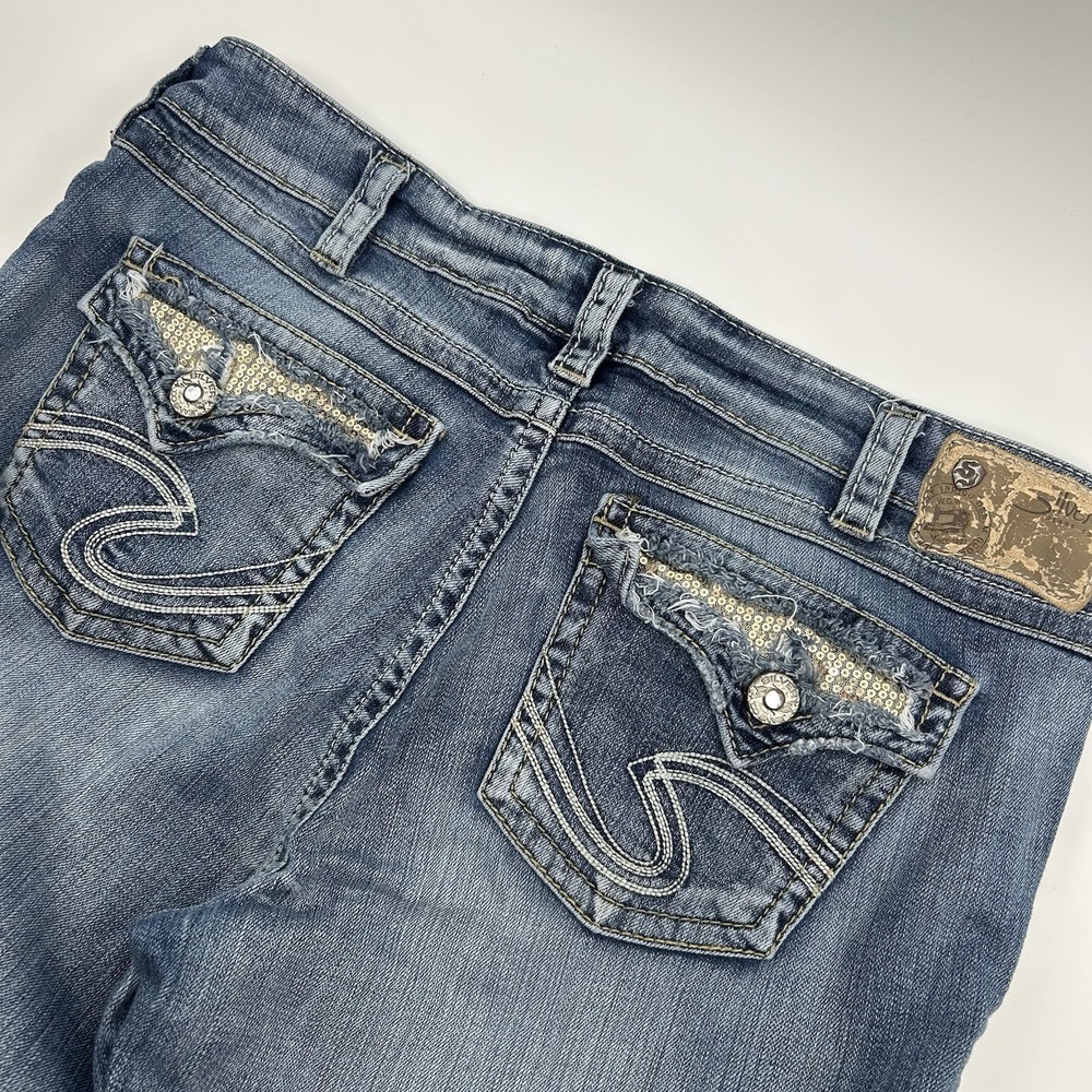 Silver Jeans Co. Womens Y2K Distressed Bootcut Sequins Flap pocket 14/32